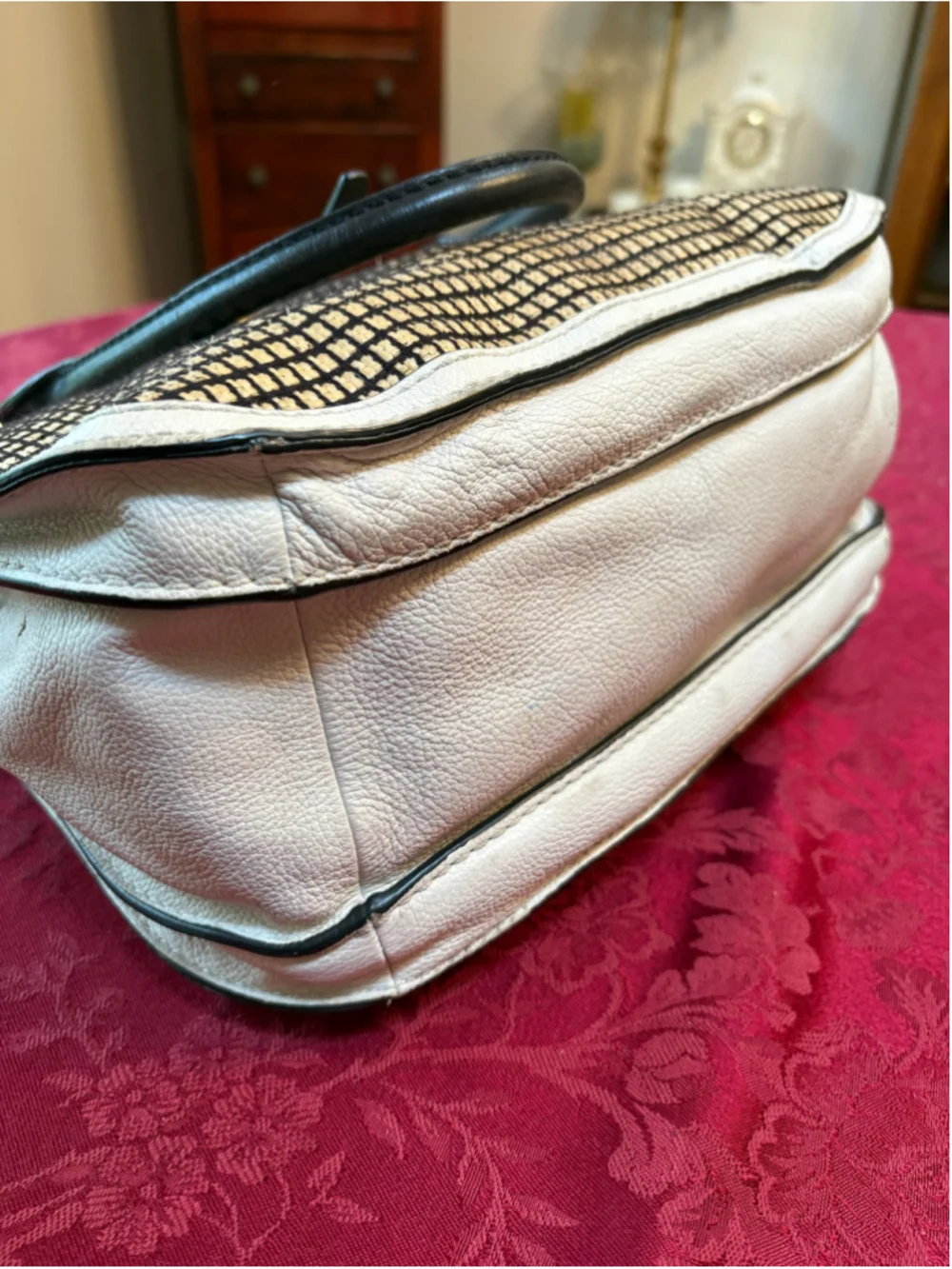 Fossil Beige and Black Perforated Leather Satchel Bag